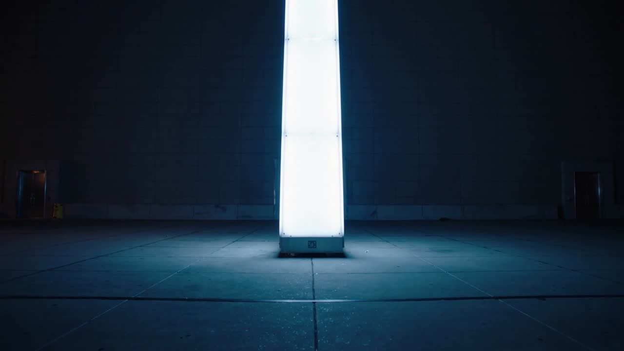 Powering on, tall lit pillar casting blue-white glow on floor seams, doorways, bin and yellow post
