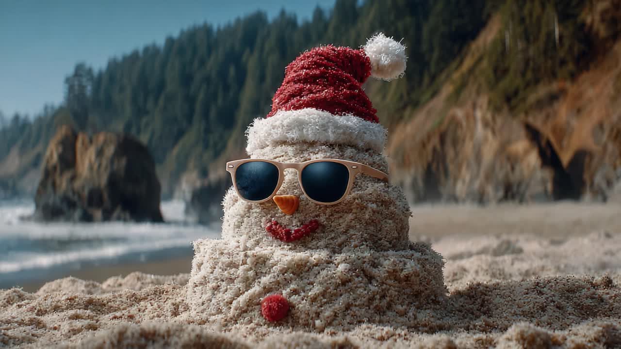 A Creative Sandy Snowman Wearing a Santa Hat and Sunglasses Enjoys the Beach, Blending Christmas Cheer with Summer Vibes in a Unique Coastal Scene