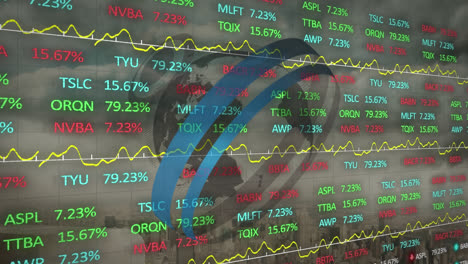 Animation-of-circular-pattern-around-globe-over-trading-board-on-cityscape-against-cloudy-sky