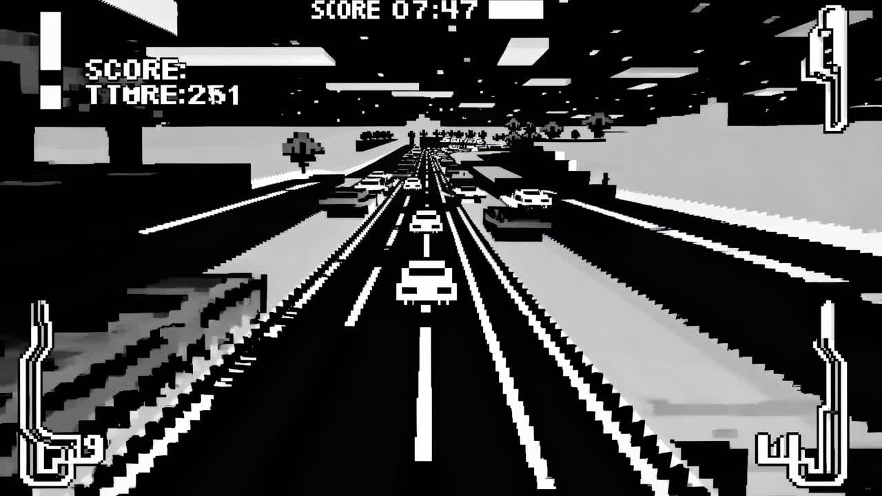 Screenshot di un videogioco in stile pixel art rétro che mostra un'autostrada in bianco e nero con auto