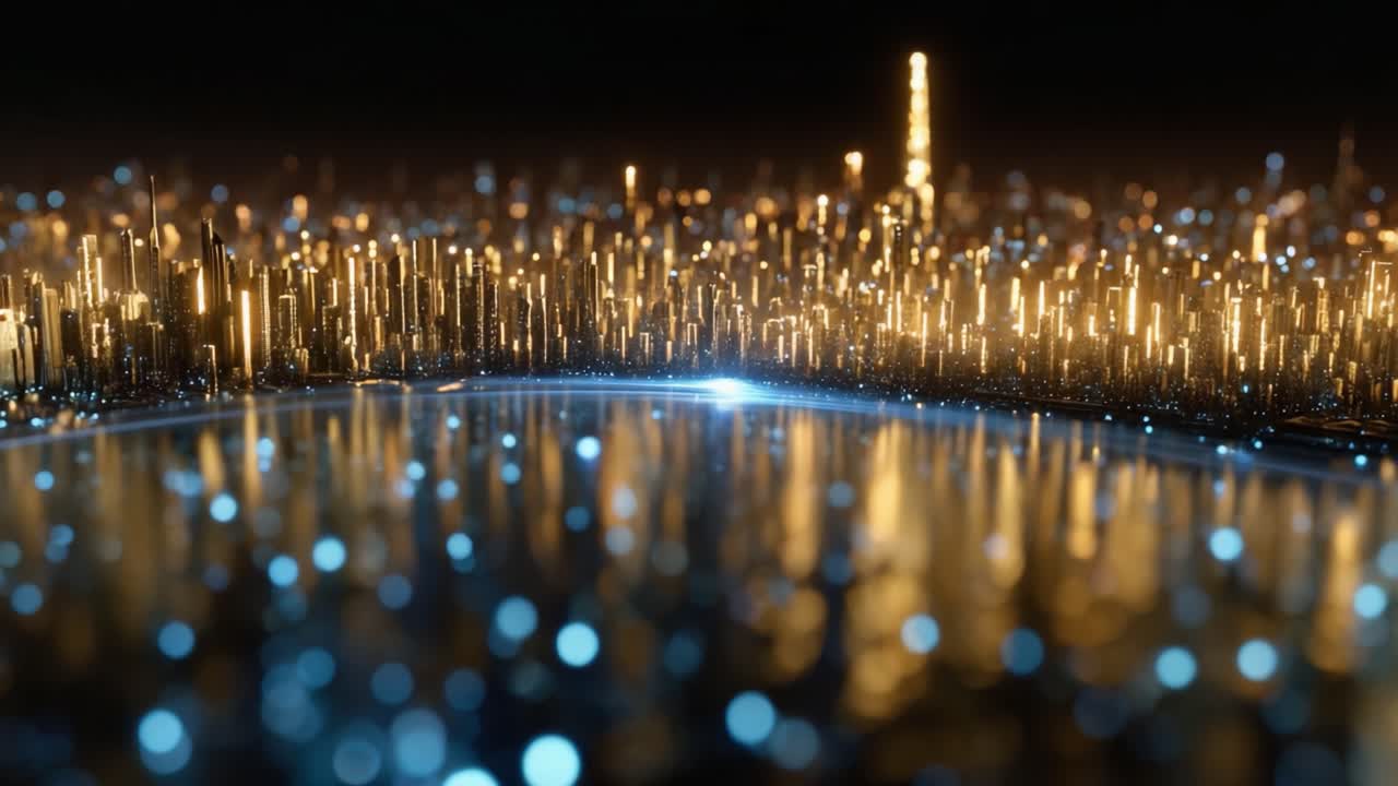 Una splendida scena notturna di un paesaggio urbano futuristico con luci vivaci e un orizzonte luminoso, catturata in alta definizione per un'esperienza visiva ipnotica