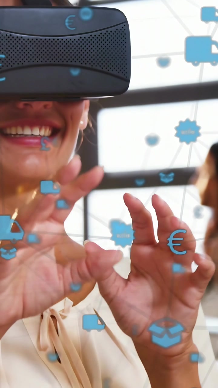 Vertical video: Woman in VR headset raising hands, causing blue icons, sorting logistics for office