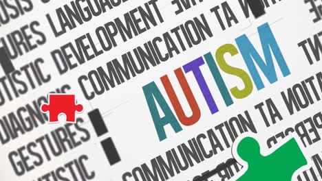 Animation-of-red,-green-and-blue-autism-awareness-puzzles-falling-over-autism-text