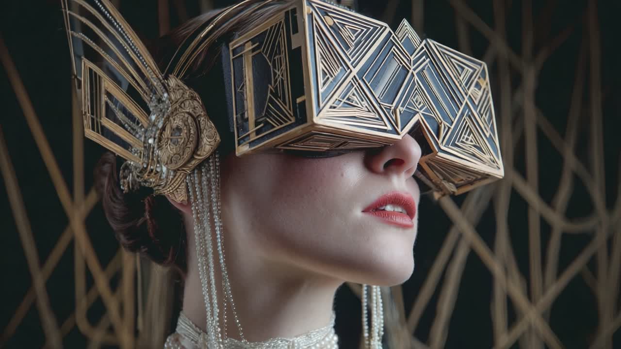 A Futuristic Glamour: A Close-Up View of a Stylish Individual Wearing Elaborate Geometric Glasses with Artistic Details, Set Against a Bold Background of Intricate Straws and Modern Aesthetics in a Fashion Context