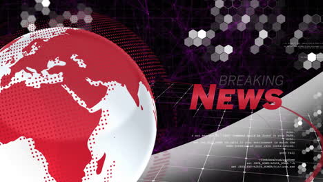 breaking news animation over digital globe and hexagonal network background