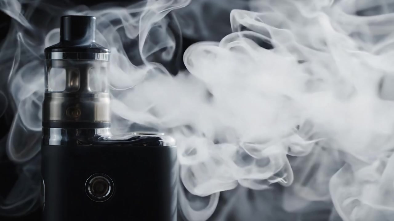 Ein schlanker schwarzer Vaporizer stößt eine Dampfwolke vor einem dunklen Hintergrund aus und präsentiert das komplexe Design und die moderne Technologie hinter elektronischen Verdampfergeräten.