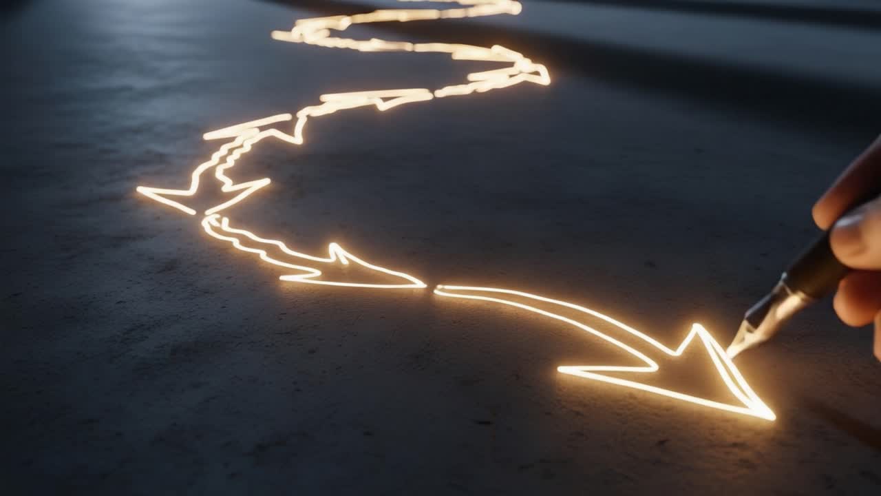 Illuminated Arrow Path Created with a Pen on a Surface, Showcasing the Creative Process of Drawing Light Trails with a Writing Instrument