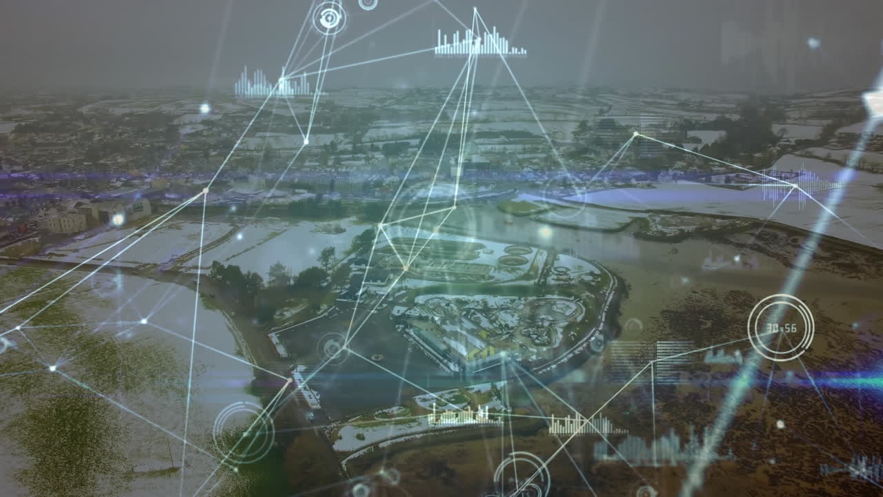 Animation of network of connections over cityscape