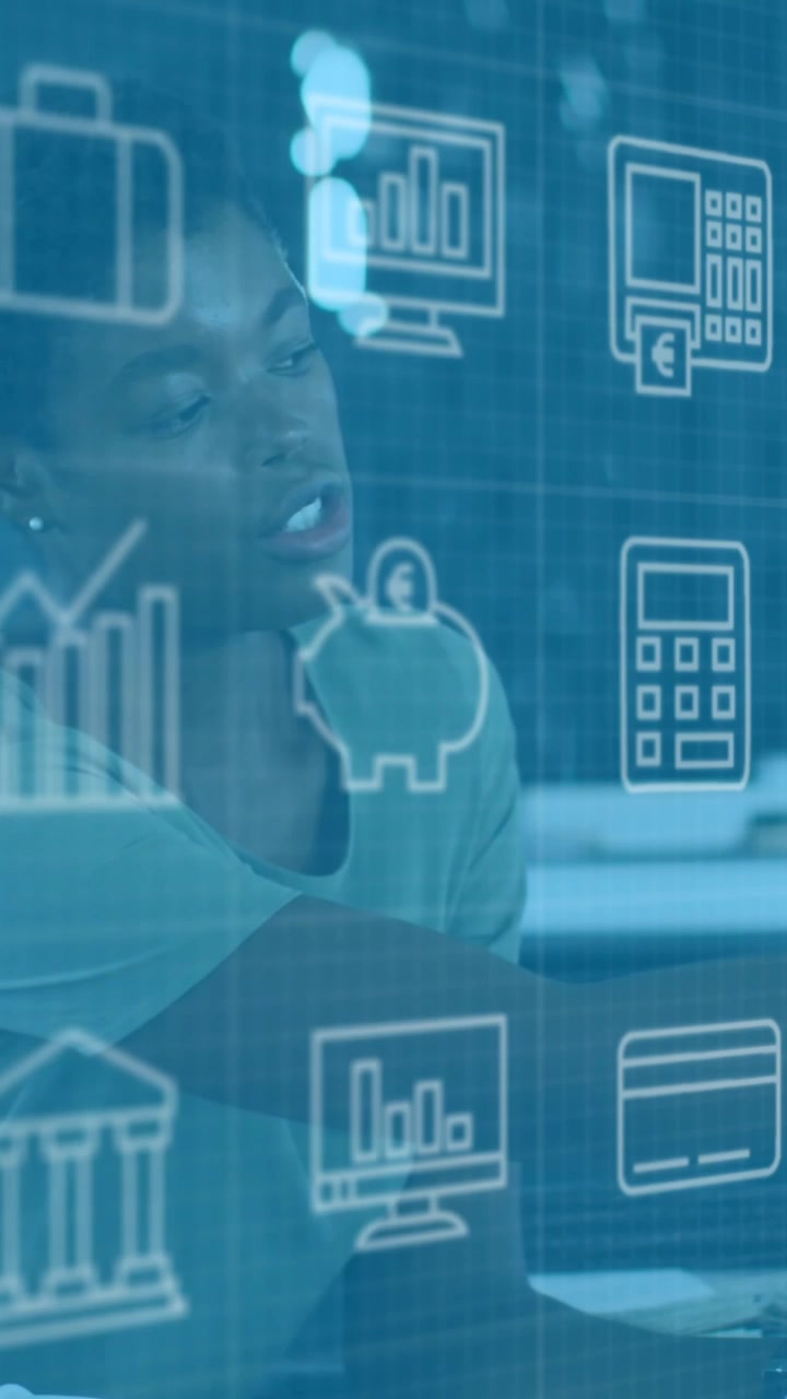Animation of icons over diverse business people in office