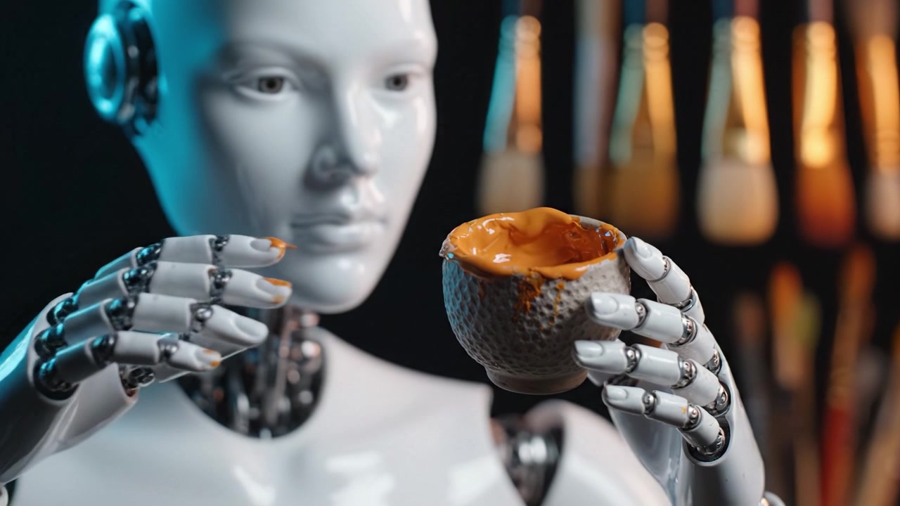 A futuristic robot delicately holds a textured ceramic bowl filled with a vibrant substance, showcasing the blend of technology and artistry in a digital age.