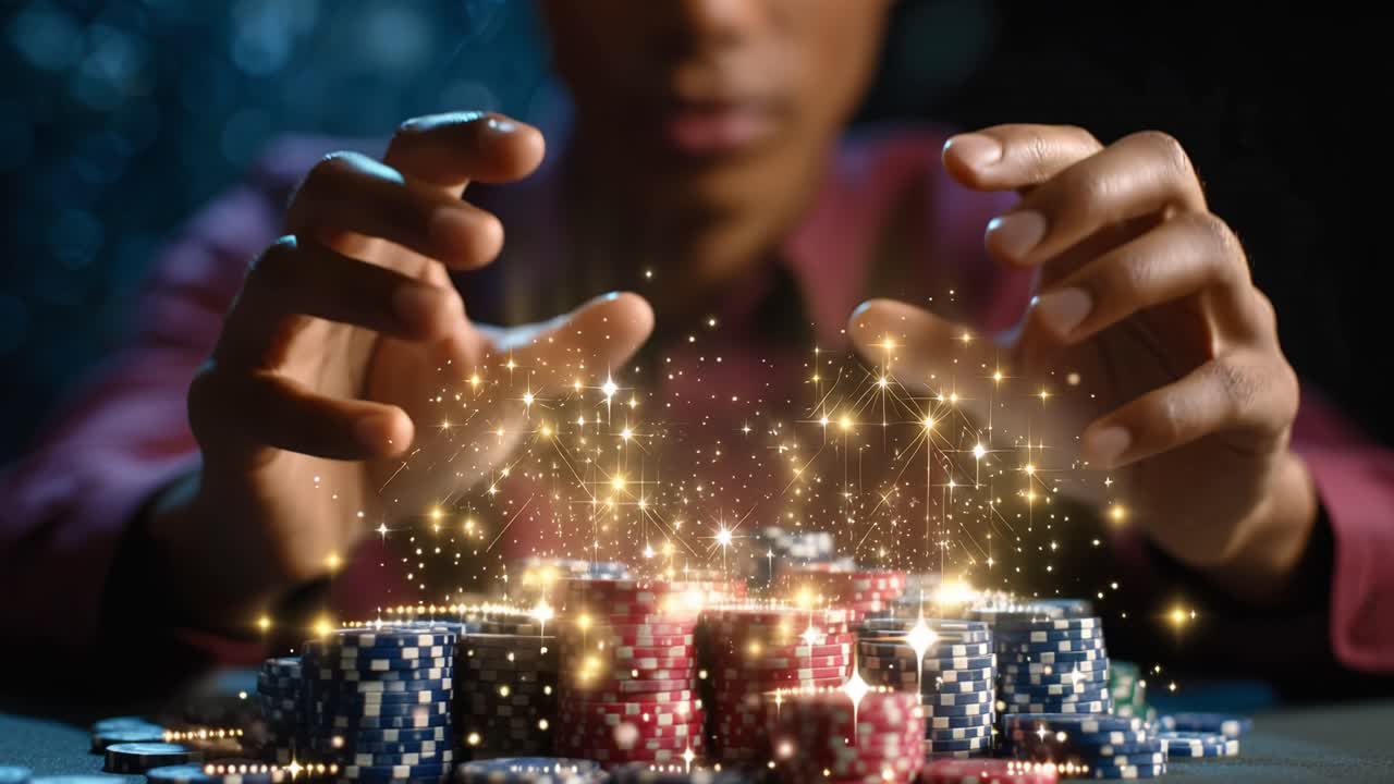 A captivating moment of focus and anticipation as a player interacts with casino chips, illustrating the thrilling atmosphere of gambling and strategic gameplay