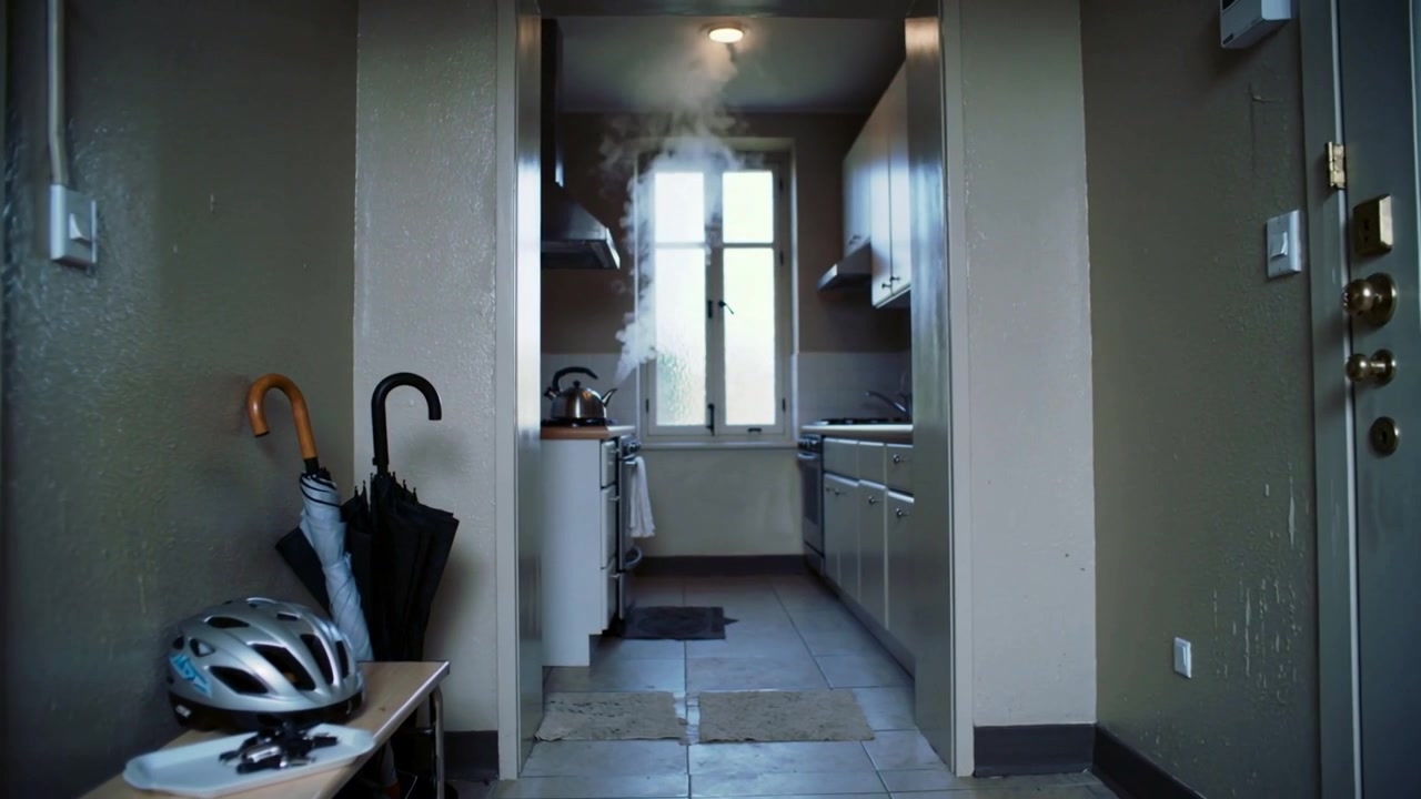 Rising steam from metal kettle filling narrow galley kitchen as water reaching boiling point