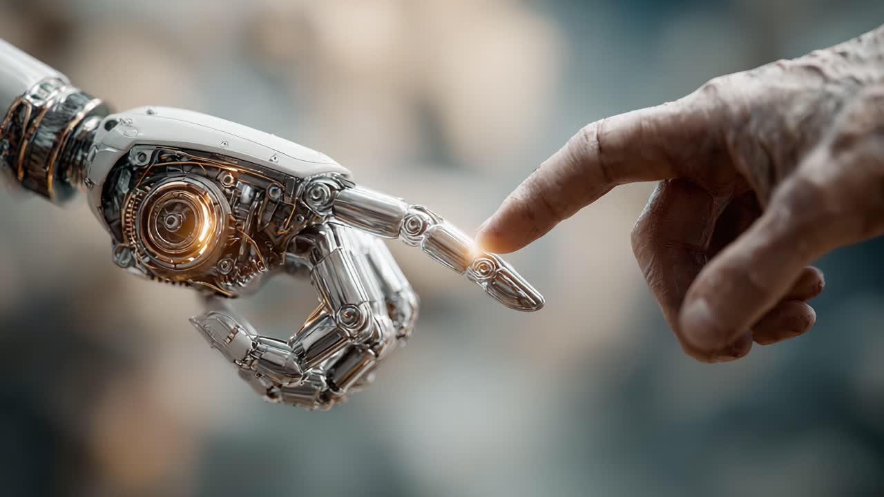 A Captivating Interaction Between Human and Robot: The Moment When Organic Touch Meets Mechanical Precision in a Stunning Display of Technology and Humanity