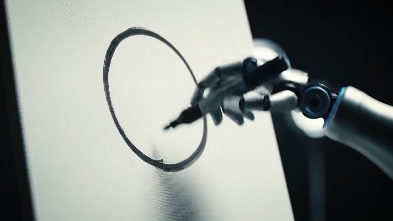 A Robotic Hand Skillfully Illustrates a Circle and a Curved Line on a Blank Canvas, Showcasing the Intersection of Technology and Artistry in Modern Creativity