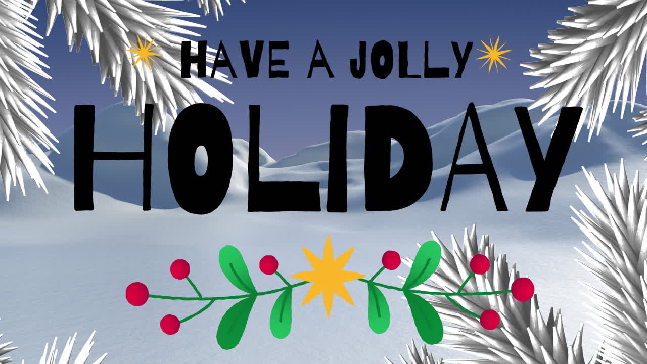 Animation de texte Joyeuses Fêtes sur un paysage enneigé avec des décorations festives