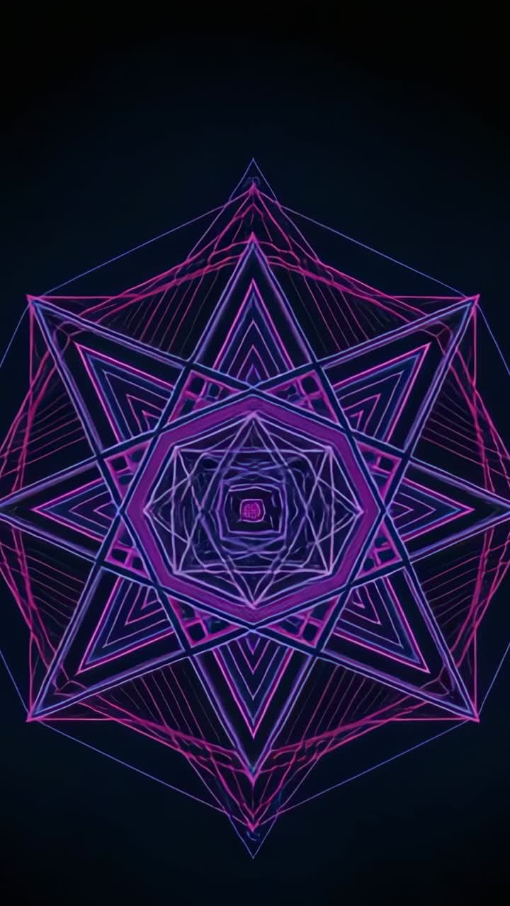 Vertical video: Revealing neon geometric star pulsing, rotating in digital void, creating loop