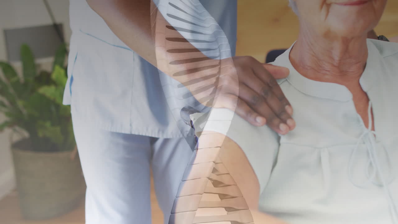 Animation of dna strand over african american female doctor and senior caucasian woman
