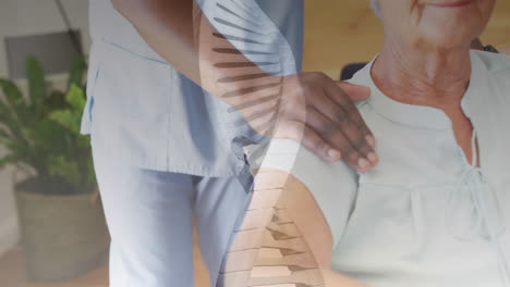 animation of dna strand over african american female doctor and senior caucasian woman