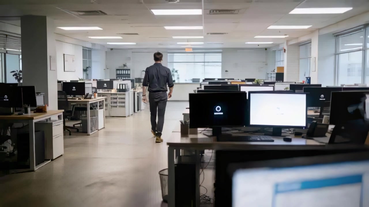 Walking man in dark button-up shirt, dark trousers moving down aisle in office toward exit sign
