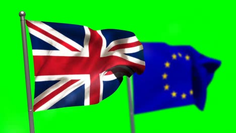 union flag and european flag waving against green screen