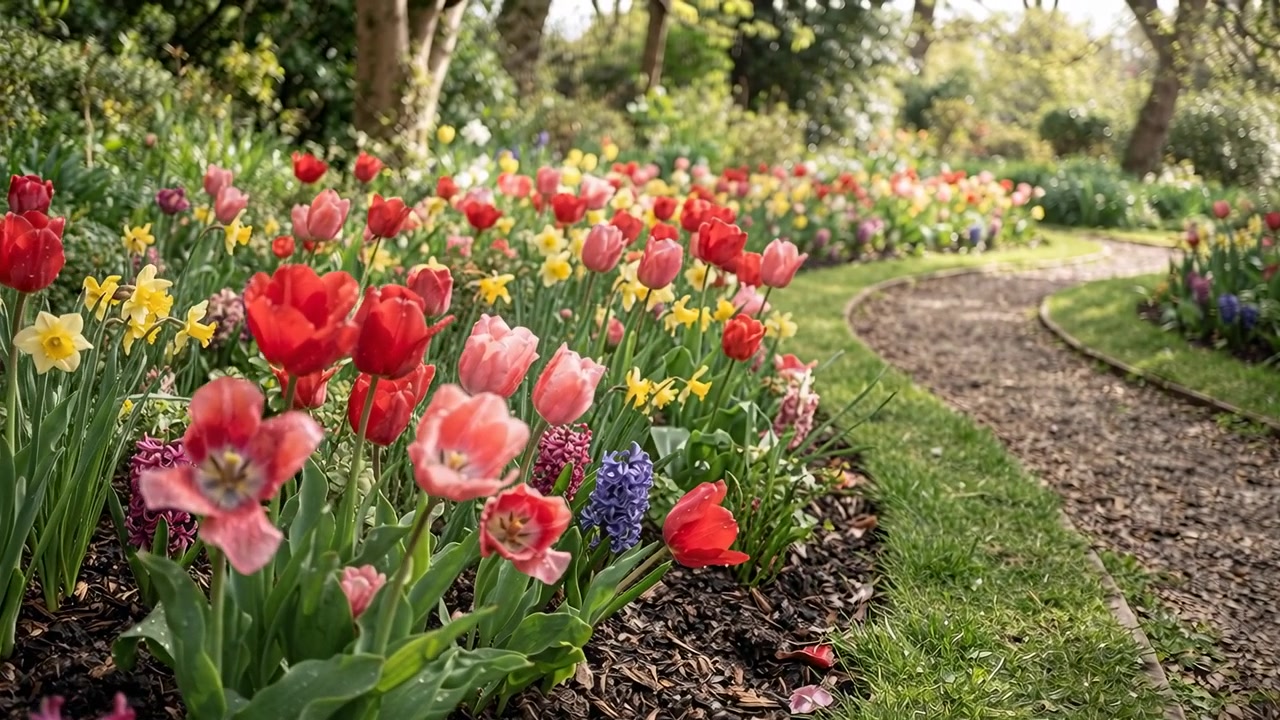 Gliding camera moving forward and right along park path edge, bringing tulips closer to show blooms