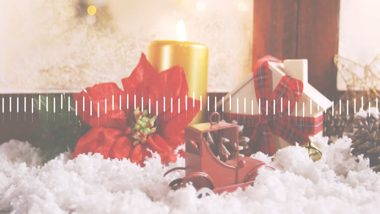 Waveform pulsing causing camera panning revealing house toy car reversing showing holiday vignette