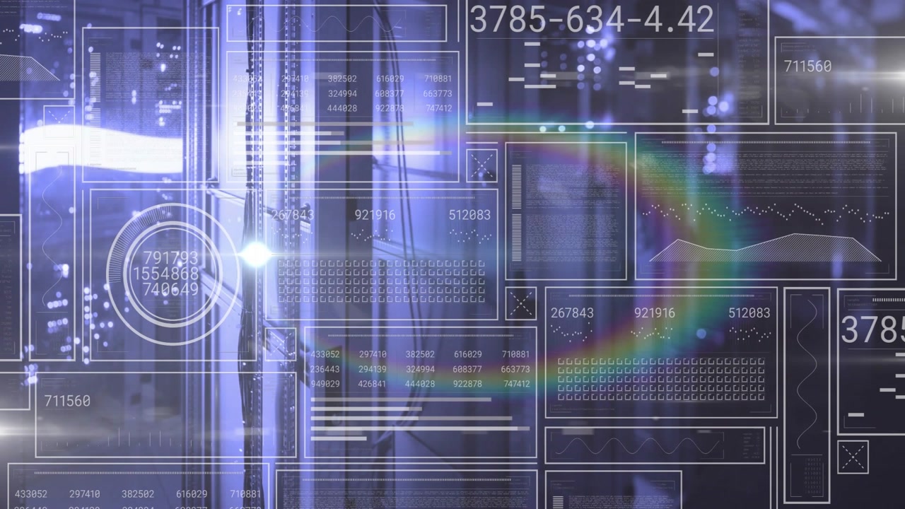 Server rack showing HUD overlay in data center, data pulse initiating charts, monitoring health