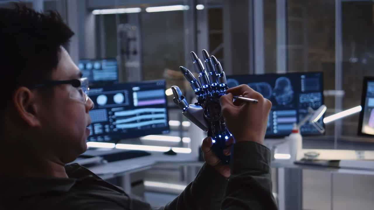 Engineer working on a bionic prosthetic hand in a high-tech lab