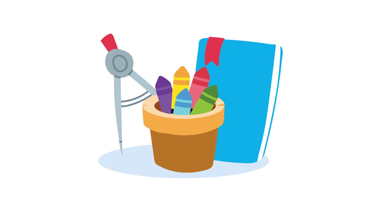 School Supplies: Crayons, Compass, and Notebook