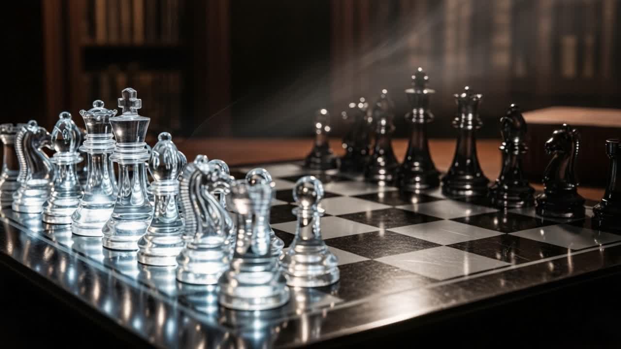 A stunning matchup of light and dark, showcasing a beautifully crafted chess set, with exquisite glass and black pieces ready for an intense strategic battle on the board