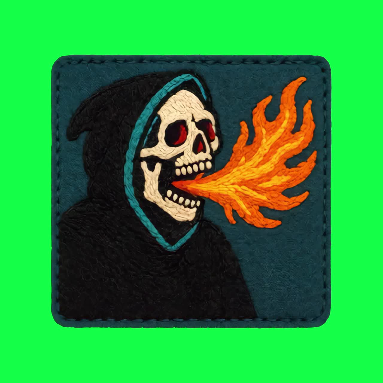 Flaming skull embroidered patch animation, transparent 4K video, green screen