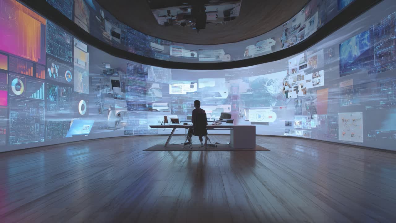 A futuristic control room with immersive technology featuring multiple screens displaying data analytics, visualizations, and digital interfaces, highlighting the evolution of modern work environments