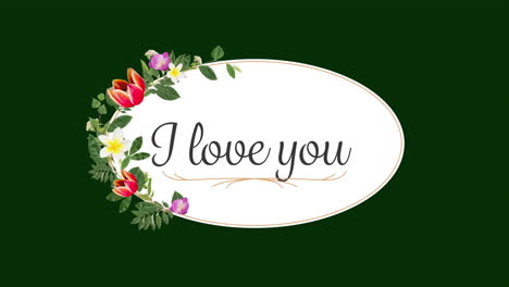 초록색 배경에 타원형의 꽃으로 된 "i love you" 텍스트의 애니메이션