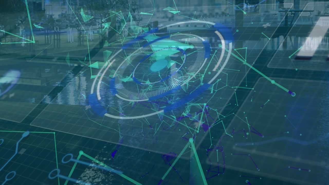 도시 풍경 위의 범위 스캐닝과 모양의 애니메이션