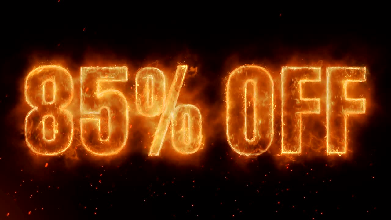 85% de descuento en la palabra quema caliente en fuego realista llamas chispas y humo animación de bucle continuo sin problemas