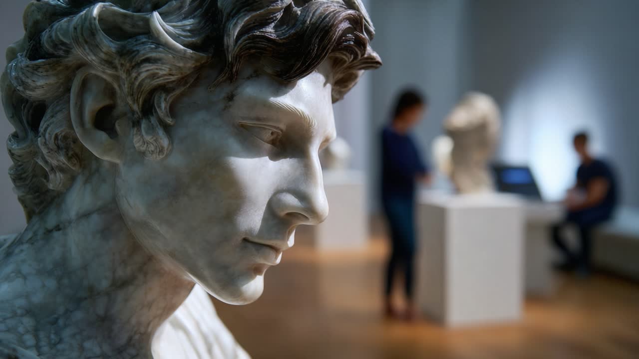 Sculpture en marbre détaillée d’une figure juvénile dans une galerie d’art, mettant en valeur les détails et les expressions captivants de l’art classique dans un cadre moderne.