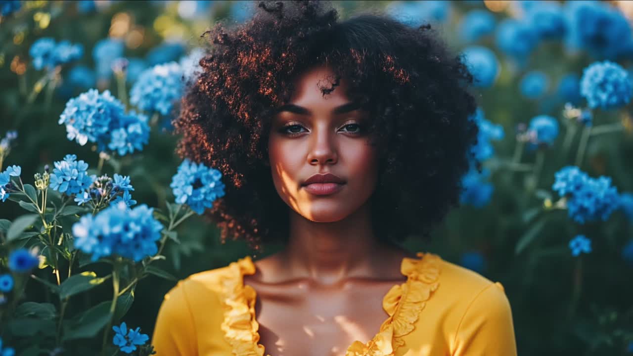 Woman in yellow dress surrounded by blue flowers