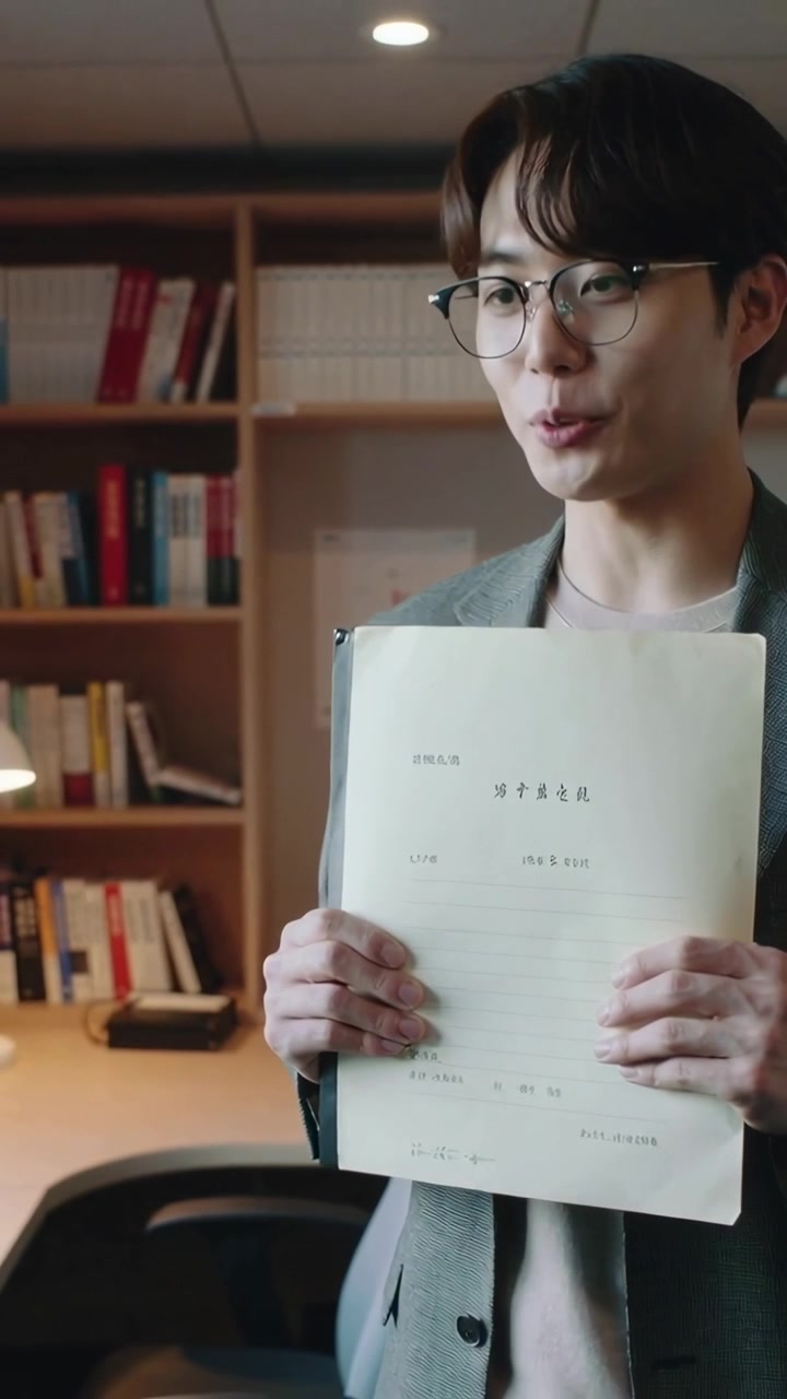 Vertical video: Lifting document man in grey blazer glasses talking to offscreen viewer in study