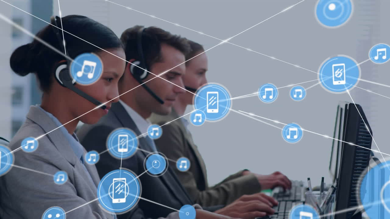 animación de la red de conexiones con iconos de música y teléfonos inteligentes