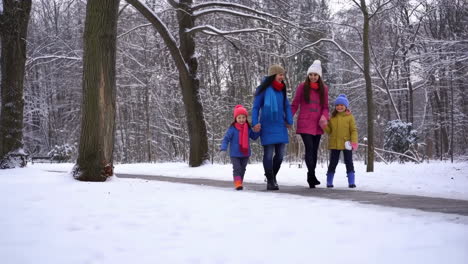 Family walking in a snowy park