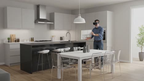 innovative virtual reality experience in modern kitchen: a man engages with 3d object simulation while wearing vr headset in a stylish, contemporary space