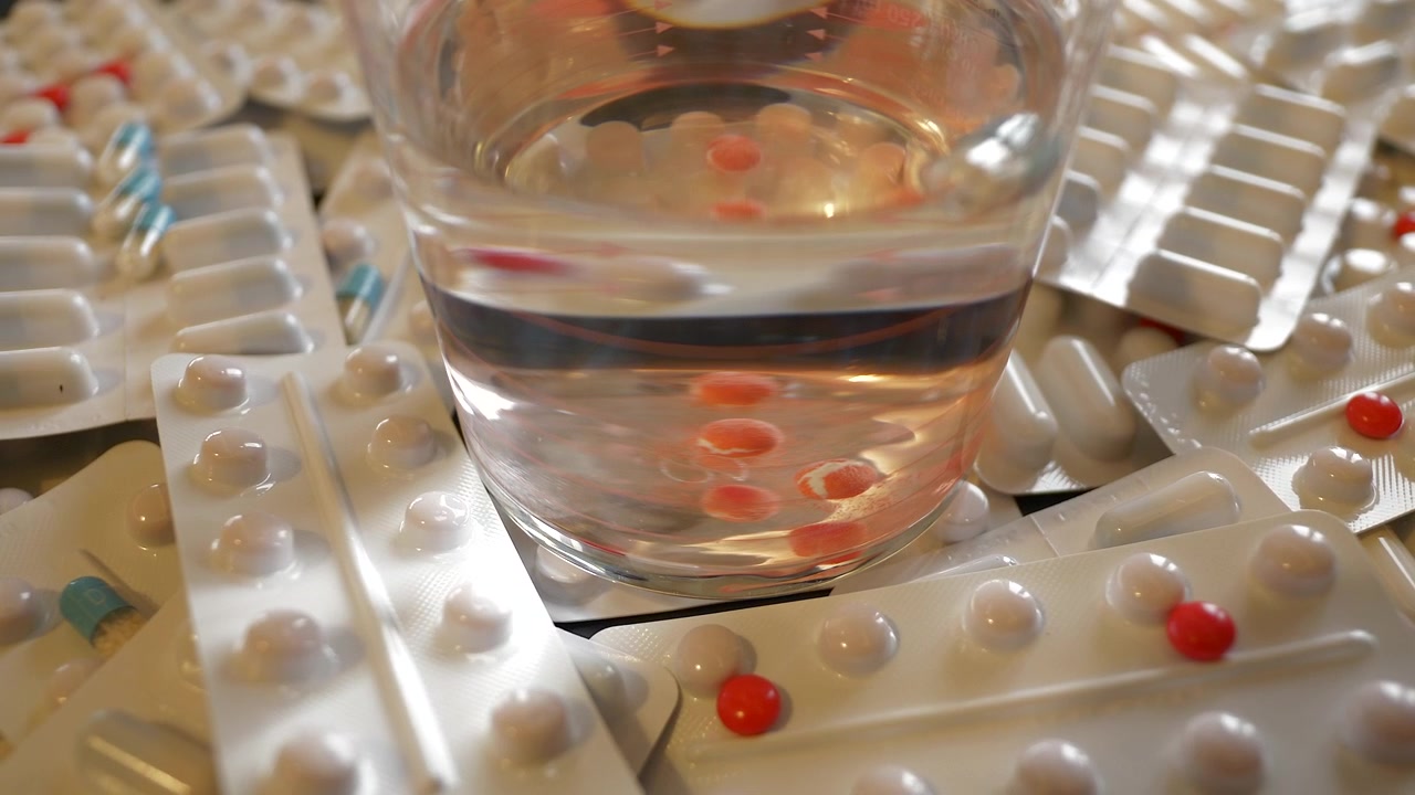 Glass of Water Surrounded by Various Medication Blister Packs