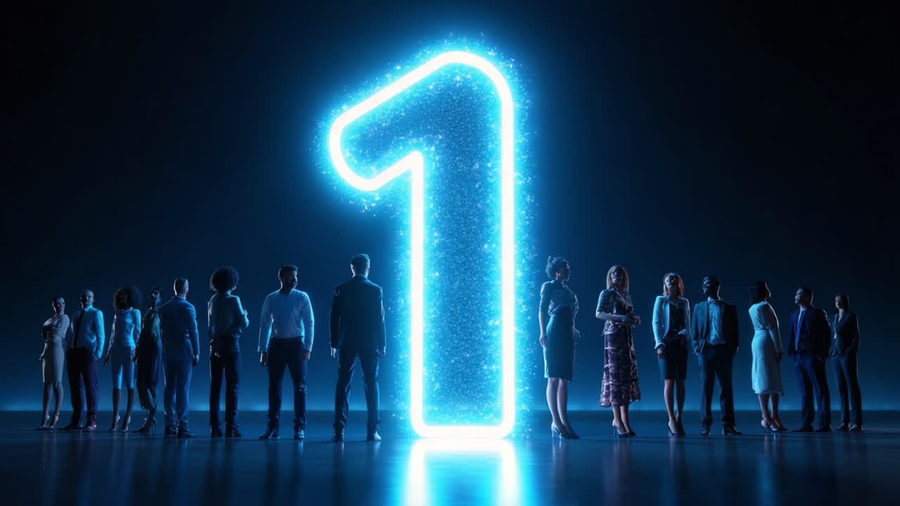 A captivating visual representation of teamwork and collaboration, featuring a vibrant number one illuminated by sparkling lights, signifying unity and achievement among diverse individuals standing together