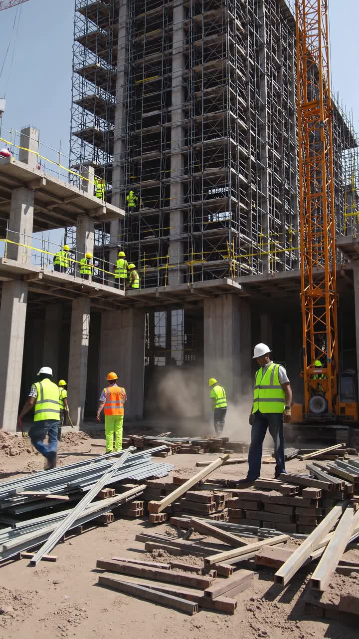 Un vídeo en ángulo alto capta a obreros de la construcción con equipos de seguridad en una obra con mucho movimiento, con andamios