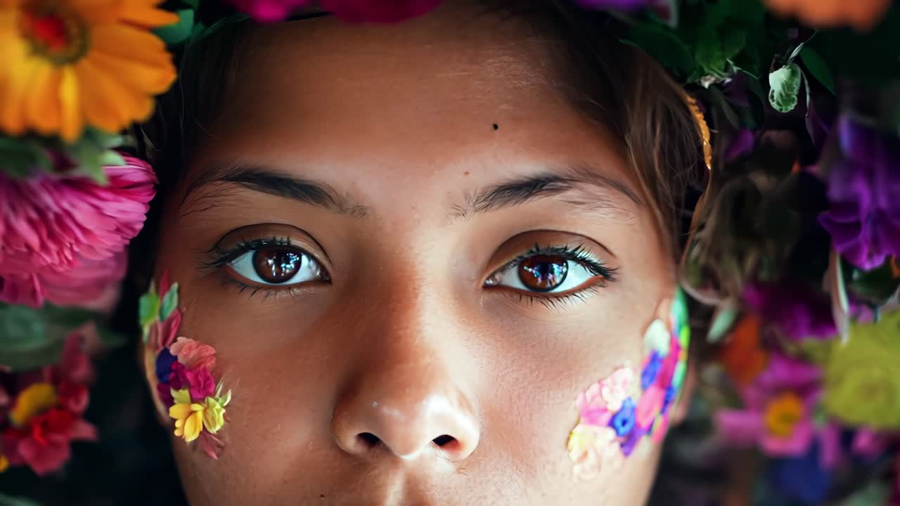 Young woman wearing intricate floral headdress, dark brown eyes highlighted by colorful cheek makeup, presenting striking ethnic beauty with expressive cultural styling