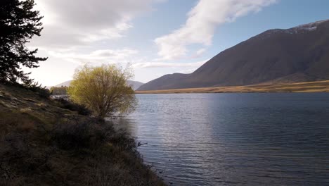 Pintorescas-Vistas-A-La-Montaña-Desde-La-Orilla-Del-Campamento-Del-Lago-Azul,-Nueva-Zelanda