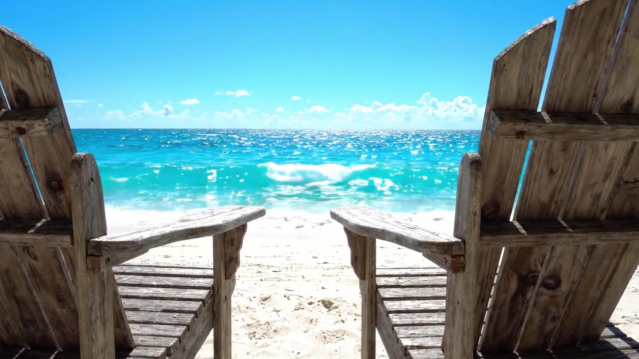 Eine idyllische Auszeit: Zwei Strandstühle mit Blick auf einen kristallklaren Ozean und einen weichen Sandstrand unter einem strahlend blauen Himmel.