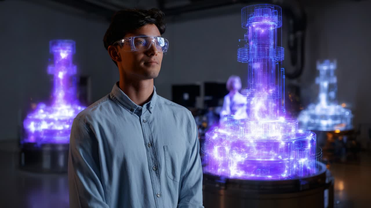 A Young Man in a Tech-Infused Lab Setting with Futuristic Holographic Projections of High-Tech Machinery Representing Advanced Technological Innovations and Engineering Concepts