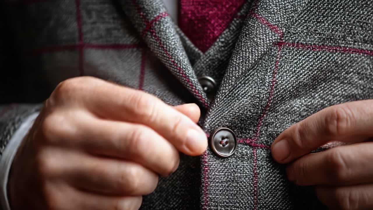 A Detailed Perspective on Tailoring: The Art of Buttoning a Stylish Gray Suit with Red Accents, Highlighting Craftsmanship and Attention to Detail in Men's Fashion