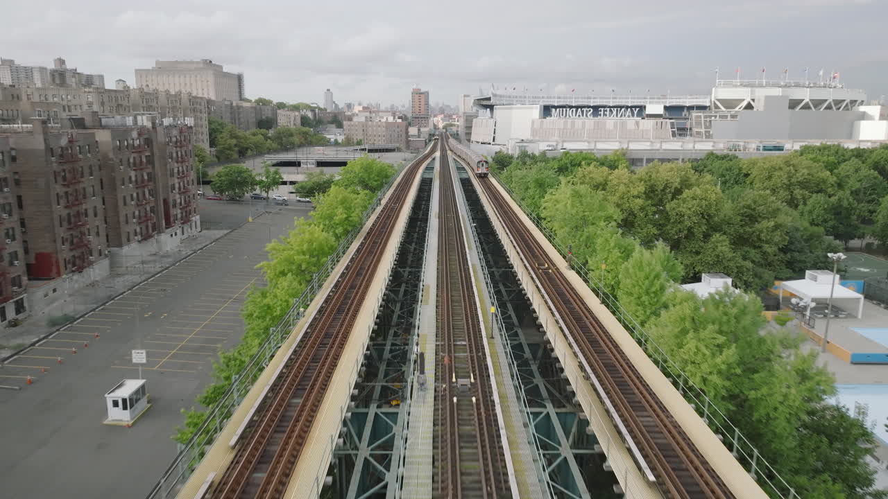 Aerial View of Elevated Train Tracks in New York City, Yankee Stadium in Background